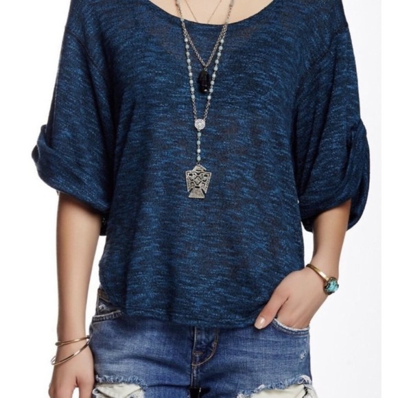 FREE PEOPLE BEACH Blue Rolled Sleeve Boho Blouse - Picture 1 of 7